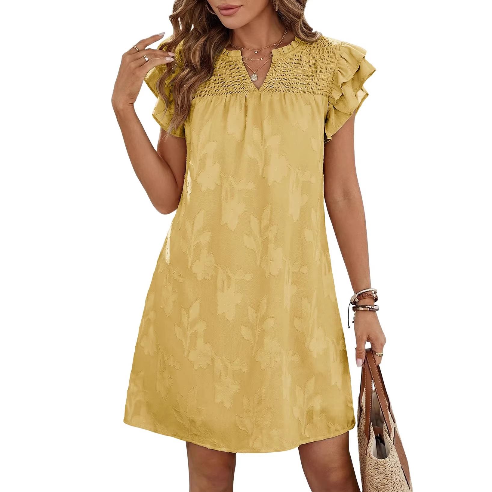 Women's Sweet Midi Summer V-neck Double Ruffle Elastic Waist Pleated Floral A-Line Dress