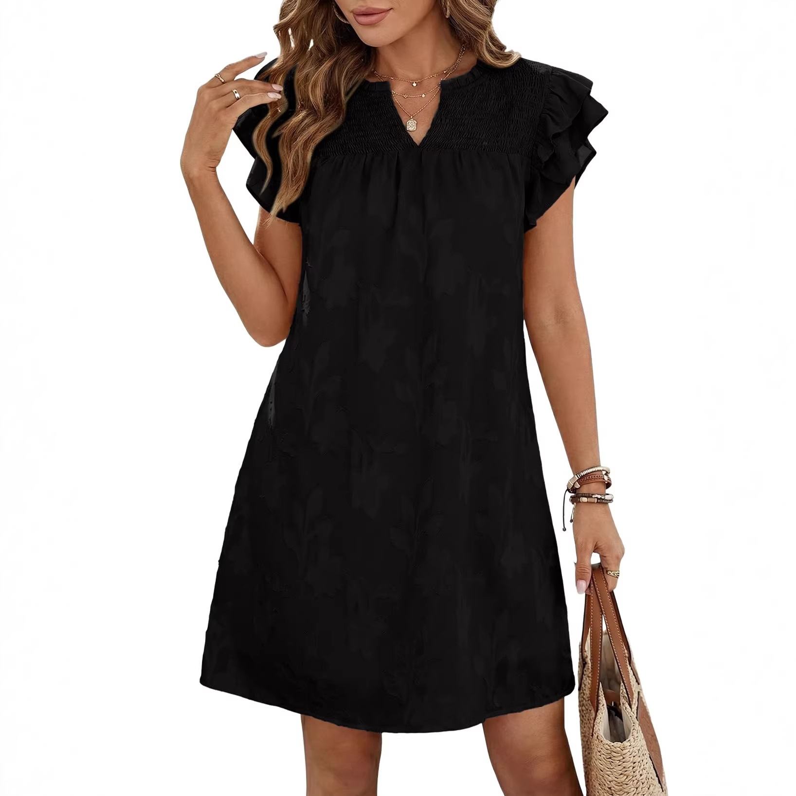 Women's Sweet Midi Summer V-neck Double Ruffle Elastic Waist Pleated Floral A-Line Dress